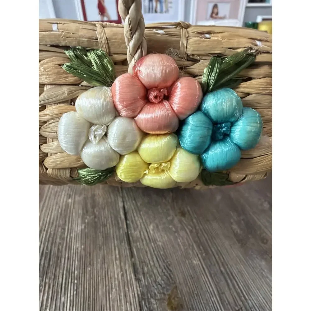Vintage Casserole Dish Carrier Baskets Raffia With Flowers Set Of 3 Nesting
